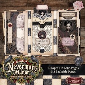 Peut inclure: Un kit de folio en papier intitulé Secrets of Nevermore Manor avec des illustrations gothiques d'un enfant, de corbeaux, de roses et de clés. Le kit comprend 16 pages, 13 pages de folio et 3 pages verso avec des textes comme Nevermore et Forgotten.