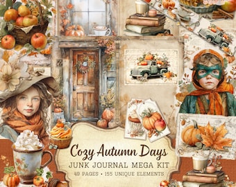 Printable Fall Junk Journal Kit: 49-Page Vintage Autumn Bundle with Ephemera and Fussy Cuts