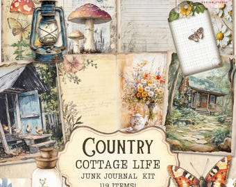Junk Journal Kit "Country Cottage Life": Vintage Ephemera Printable Digital Download | Cottagecore Craft Supplies