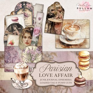Vintage Parisian Love Affair Junk Journal Ephemera | Shabby Chic Loaded Tag i Fussy Cuts | Romantyczny kapryśny jasnoróżowy i blady lawendowy