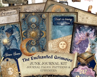 Junk Journal Kit "The Enchanted Grimoire " | Vintage Witchy Journal Pages, Occult Patterns, Mystic Ephemera | Witchcraft Crafting Bundle