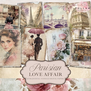 Vintage Parisian Love Affair Junk Journal Single Pages | Wydruki w stylu shabby chic | Fantazyjny jasnoróżowy i blady lawendowy | Romantyczny pakiet papierów