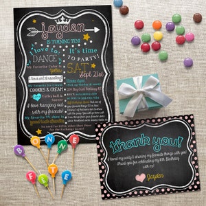 Conjunto de convites para o primeiro aniversário e cartões de agradecimento - Minhas coisas favoritas - Quadro-negro, quadro-negro - Designs personalizados, digitais e imprimíveis