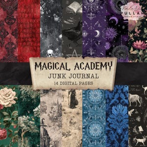 Magical Academy Junk Journal Pages - 14 Vintage Witch & Wizard School Digital Paper Patterns - Printable Ephemera for Journals, Scrapbooks