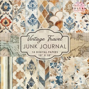 feuilles de carnet de voyage vintage | Modèles sans couture de scrapbooking, souvenir d'aventure, carnet de notes de style ancien, imprimables à téléchargement immédiat
