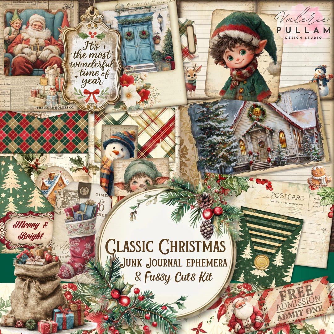Classic Christmas Junk Journal Ephemera Kit | Vintage Holiday Tags ...