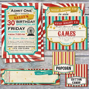 Karneval Geburtstag Party Suite - runder Geburtstag - Vintage Circus, Retro-Design - 4 Element Party Pack - individuell, personalisiert, zum ausdrucken