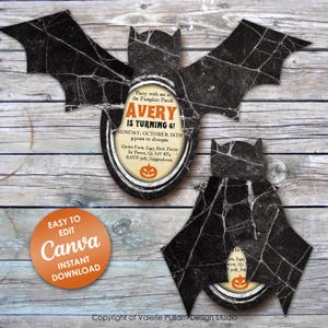 May include: Halloween-themed bat-shaped invitations with a distressed black finish and spiderweb design. The invitations feature the text "Avery is turning 6!" and include party details. An orange Canva logo is also visible.