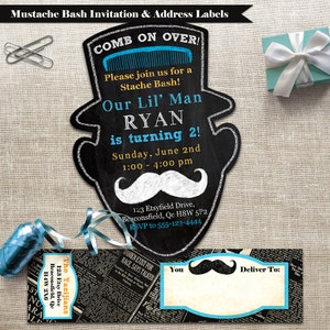 May include: A chalkboard-style invitation for a "Mustache Bash" birthday party. The invitation features a cartoon illustration of a man with a moustache and a top hat. The text reads "Comb on Over!" and "Our Lil' Man Ryan is turning 2!" The invitation includes the date, time, and address of the party. RSVP information is also included.