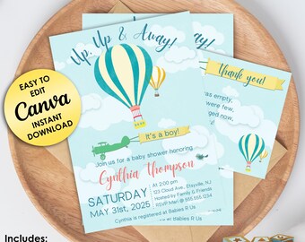 Inbjudan till babyshower med luftballong: Redigerbar mall i Canva (digital nedladdning)
