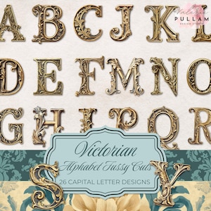 Alphabet victorien orné de motifs délicats - 26 lettres majuscules - initiales monogramme vintage - police de caractères dorée décorative pour carnets et travaux manuels indésirables