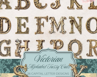 Victorian Gold Alphabet Fussy Cuts: Ornate Monogram Initials (Digital Download)