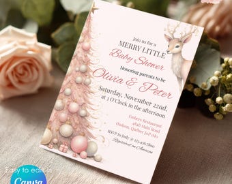 May include: A baby shower invitation with a pink and gold Christmas tree design. The invitation includes the text "MERRY LITTLE Baby Shower" and details for Olivia & Peter. The design features a watercolor deer illustration.