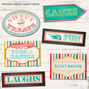 Fête de cirque - panneaux de fête d'anniversaire - vintage inspiré du carnaval - 6 modèles uniques - modèles personnalisés et imprimables - panneaux d'activité personnalisés