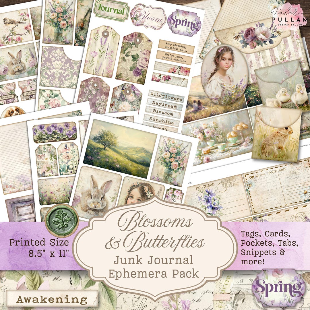 Spring Junk Journal Ephemera Kit, Floral Printable Tags Cards & Pockets ...