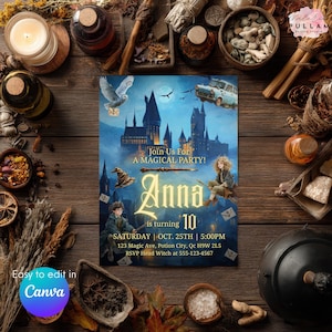 Magical Wizard Birthday Invitation Template | Witch & Wizard Party Invite | Editable Canva Digital Download