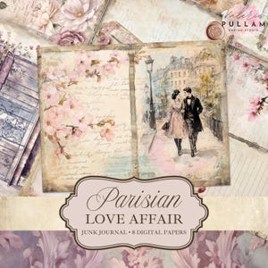 Strony dziennika Vintage Parisian Love Affair Junk | Arkusze do druku Shabby Chic | Fantazyjny jasnoróżowy i bladolawendowy | Pakiet romantycznych papierów