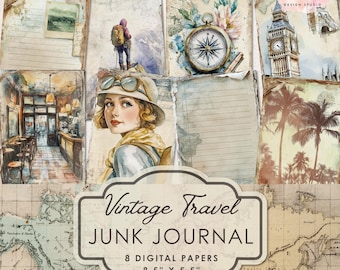 May include: A collection of eight digital papers for a Vintage Travel Junk Journal, measuring 8.5 inches by 5.5 inches. The set features watercolor illustrations of a traveler, a compass, Big Ben, palm trees, and a cafe, alongside lined paper.