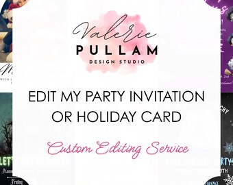 Może przedstawiać: Biała grafika z tekstem "Valerie Pullam Design Studio" i "Edit My Party Invitation or Holiday Card". Poniżej znajduje się "Custom Editing Service". Obraz zawiera zdjęcie dziecka w czapce Świętego Mikołaja.