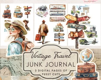 Peut inclure: Une collection d'illustrations aquarelles sur le thème du voyage avec une personne portant un chapeau, des valises vintage, un globe, un appareil photo, des panneaux directionnels et des monuments. Le texte indique Vintage Travel JUNK JOURNAL.