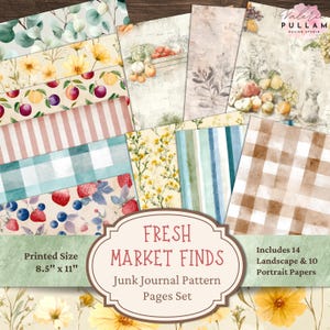 Könnte beinhalten: Ein Set aus 24 bedruckten Papierbögen für Junk-Journals. Die Designs umfassen Blumen-, Obst- und Vichy-Muster in verschiedenen Farben. Das Set trägt die Bezeichnung "Fresh Market Finds" und misst 21,6 cm x 27,9 cm.