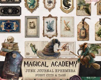 Puede incluir: Una colección de efímeras de estilo vintage para diarios basura, con ilustraciones enmarcadas de criaturas míticas, etiquetas y un sombrero de mago. El texto "Magical Academy" se muestra de forma destacada, junto con "Fussy Cuts & Tags". La paleta de colores incluye verdes, azules y marrones apagados.