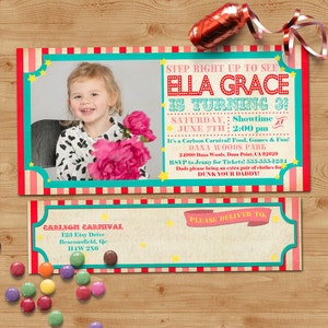 Karneval-Geburtstags-Fotoeinladung mit Wrap-Around-Adressaufklebern - Vintage-inspiriert / Retro-Zirkus - individuelles, digitales, druckbares Design