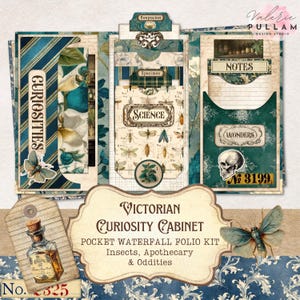 以下が含まれることがあります： 昆虫、薬局、珍品をテーマにした、Victorian Curiosity Cabinetのポケットウォーターフォールフォリオキット。キットは、"Curiosities"、"Science"、"Wonders"の文字が入ったティールとブルーの配色です。ボトルと蝶のタグが含まれています。