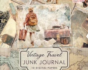 May include: A digital paper set featuring a watercolor illustration of a traveler with a backpack and suitcase, a brown leather briefcase, and vintage map backgrounds. The text reads Vintage Travel JUNK JOURNAL 10 DIGITAL PAPERS.