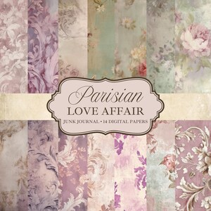 Strony dziennika Vintage Parisian Love Affair Junk | Prześcieradła z wzorem Shabby Chic | Fantazyjny jasnoróżowy i bladolawendowy | Pakiet romantycznych papierów