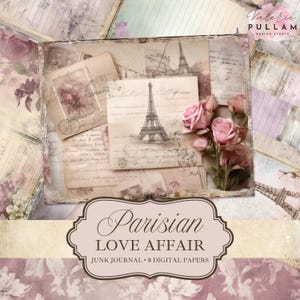 Strony dziennika Vintage Parisian Love Affair Junk | Fantazyjne, Shabby Chic Arkusze do druku | Jasnoróżowy i jasnolawendowy | Pakiet romantycznych papierów