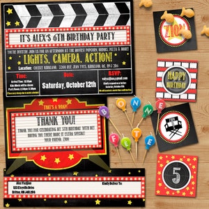 Film-Geburtstagsfeier-Kollektion, Retro-Kreidetafel, Tag im Kino, benutzerdefiniertes & druckbares Geburtstagsfeier-Kit, Kino-Geburtstag