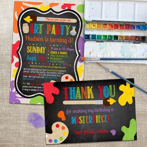 Kunst-Party-Geburtstagseinladung und Dankeschön Hinweis, Malerei-Geburtstags-Einladung, Buntes Chalkboard-Design, kundenspezifische, personalisierte digitale Dateien