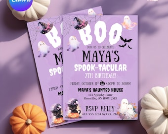 May include: Two Halloween-themed invitations with the text "BOO" and "MAYA'S SPOOK-TACULAR 7TH BIRTHDAY!" on a purple background. The invitations feature ghosts, bats, and a black cat in a witch hat. Pumpkins and text "Easy to edit in Canva" are also visible.