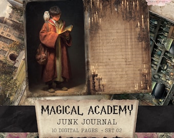 May include: A digital junk journal set with a magical academy theme. The journal features a vintage illustration of a young person in a red robe reading a book, with an owl on their shoulder. The journal also includes lined pages and the text "MAGICAL ACADEMY".