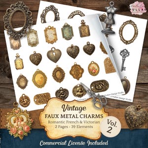 May include: A collection of vintage faux metal charms in various shapes, including hearts, ovals, and rectangular tags. The charms have an antique bronze finish and are arranged on a white background. The image includes the text "Vintage Faux Metal Charms" and "Commercial License Included".