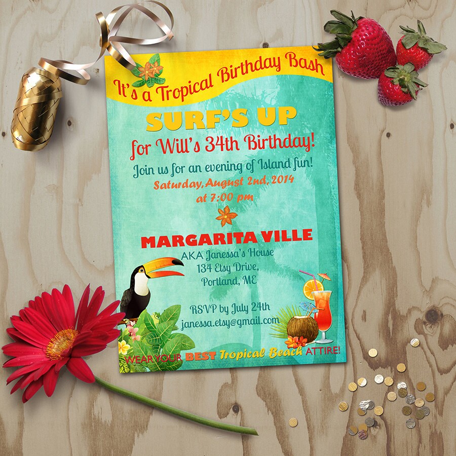 Tropical Birthday Invitation Retro Beach Hawaiian Island Etsy
