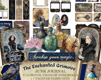 May include: A digital junk journal kit titled The Enchanted Grimoire featuring 14 pages of ephemera and 7 pages of fussy cuts. The collection includes illustrations of ravens, potion bottles, crystals, celestial motifs, and figures in dark attire.