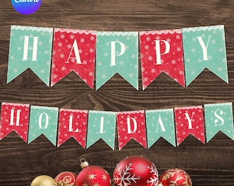 Editable Christmas Banner Template | Red & Teal Holiday Garland (Canva)
