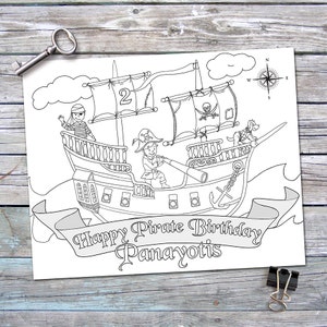 Festa Pirata - Feliz Aniversário - Folha para Colorir - Inspiração Vintage / Rústico - Desenhos Personalizados para Imprimir