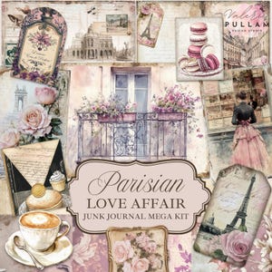 Zestaw Vintage Parisian Love Affair Junk Journal MEGA 133 elementy | Strony do druku w stylu shabby chic | Romantyczny kapryśny jasnoróżowy i blady lawendowy