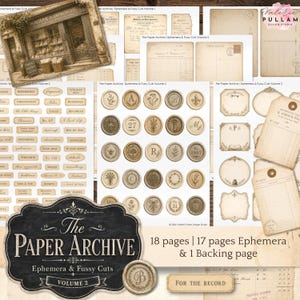 Può includere: Una collezione di effimeri cartacei in stile vintage con 18 pagine di disegni stampati, tra cui etichette, motivi con sigilli in cera, cartoline e moduli. È presente il testo The Paper Archive, Ephemera & Fussy Cuts Volume 2.