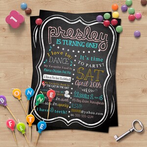 Erste Geburtstagseinladung, benutzerdefinierte Meilenstein-Party einladen, Lieblings Dinge Chalkboard Design, digital druckbar zum Feiern der Kleinen