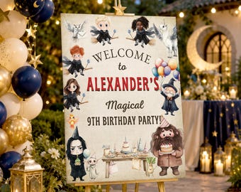 Editable Wizard Birthday Welcome Sign | Magical School Party Poster for Kids | Canva Template