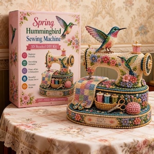 May include: A 3D beaded DIY kit for a sewing machine model, featuring a hummingbird on top, floral patterns, and a basket with spools and scissors. The box is labeled Spring Hummingbird Sewing Machine and includes the text Love Peace New Beginnings.