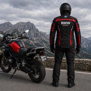 Può includere: Una giacca da moto nera e rossa con la scritta BMW MOTORRAD sul retro, abbinata a pantaloni neri coordinati. La giacca presenta dettagli bianchi e rossi, un colletto alto e un logo BMW. Il pilota indossa casco e guanti di colore nero.