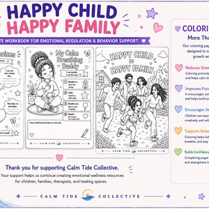 May include: A workbook titled Happy Child Happy Family featuring three black and white coloring pages with illustrations of children and families, text about emotional regulation, and a list of benefits for coloring pages with a cup of colored pencils.