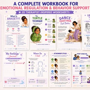 May include: A digital workbook for emotional regulation and behavior support featuring 35 therapist-inspired worksheets. The set includes two PDF files, one as a complete workbook and one with individual pages, showcasing colorful illustrations and text.