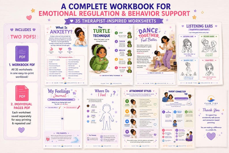 May include: A digital workbook for emotional regulation and behavior support featuring 35 therapist-inspired worksheets. The set includes two PDF files, one as a complete workbook and one with individual pages, showcasing colorful illustrations and text.