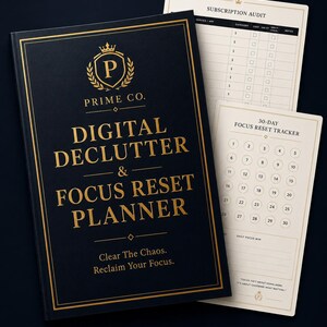 May include: A black planner with gold text reading PRIME CO. DIGITAL DECLUTTER & FOCUS RESET PLANNER. Clear The Chaos. Reclaim Your Focus. Two cream-colored inserts are visible, one titled SUBSCRIPTION AUDIT and one 30-DAY FOCUS RESET TRACKER.